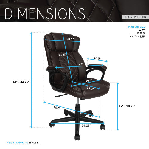 Ergonomic Executive Office Chair High Back Brown Faux Leather ¨C Adjustable Height, Lumbar Support, Diamond-Stitched Padding, Swivel Desk Chair w/Armrests & Tilt Recline for Home Office