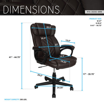 Ergonomic Executive Office Chair High Back Brown Faux Leather ¨C Adjustable Height, Lumbar Support, Diamond-Stitched Padding, Swivel Desk Chair w/Armrests & Tilt Recline for Home Office