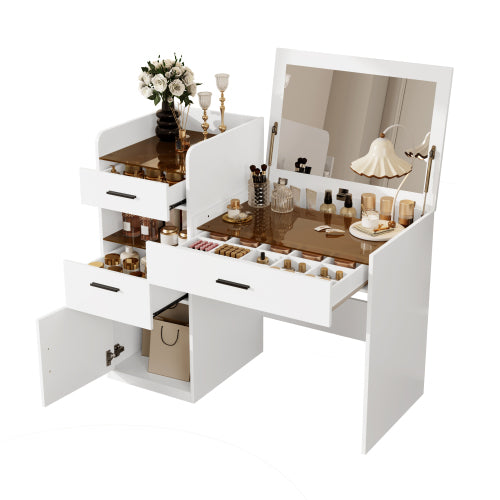 White 3in1 Flip-Top Vanity Desk, Amber Glass Top, Adjustable Dividers, Hidden Storage Cabinet
