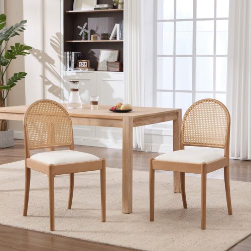 Set of 2 Beige Rattan Back Linen Dining Chairs, Solid Wood Leg Teddy Cushion 275lbs Capacity