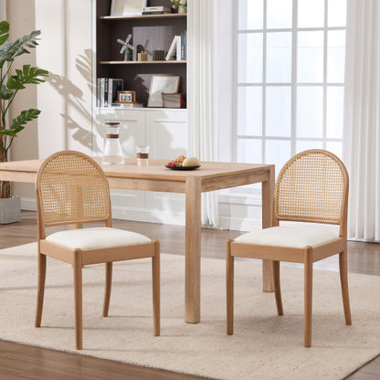 Set of 2 Beige Rattan Back Linen Dining Chairs, Solid Wood Leg Teddy Cushion 275lbs Capacity