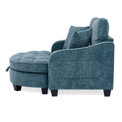 Blue 2-Seater Sofa Chaise, Irregular Armrest, Storage Footrest & 2 Pillows