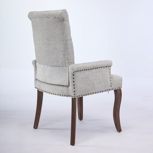 Upholstered Chenille Arm Dining Chair, Tufted Accent Chair with Curved Solid Wood Legs, Beige, Single Pack