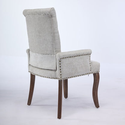 Upholstered Chenille Arm Dining Chair, Tufted Accent Chair with Curved Solid Wood Legs, Beige, Single Pack
