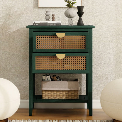 Natural Rattan 2-Drawer Stable End Side Table with Metal Handles