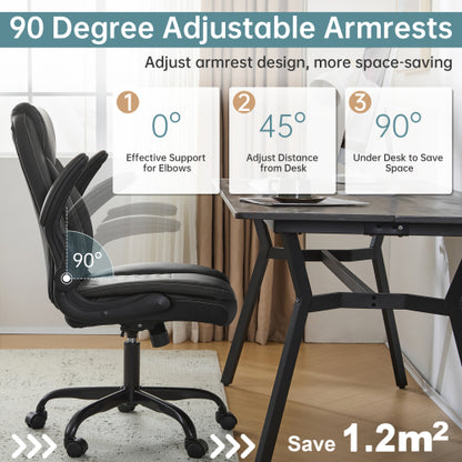 Leather Office Ergonomic Home Office Desk Chair, Back Support Swivel Executive Office Chair with Wheels and Flip-Up Armrests, Small Gaming Chair with Adjustable Rocking Function, Black