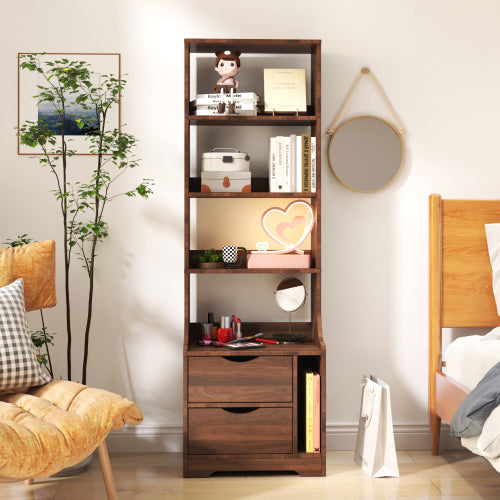Tall Nightstand with Bookshelf & 2 Drawers Space Saving Bedroom Storage