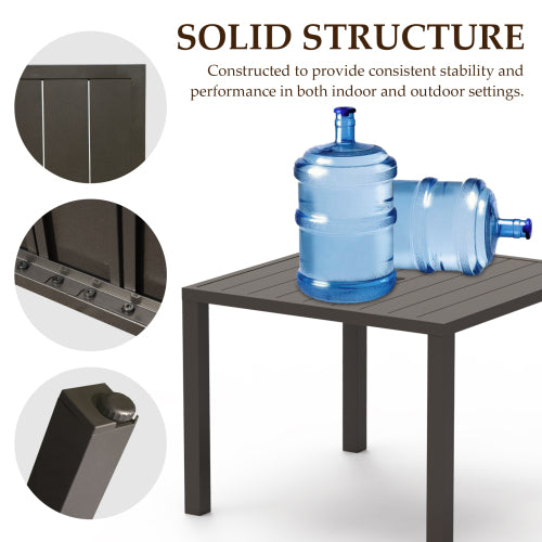 Outdoor Dining Table for 4 Person,Square Slatted Metal Patio Table for Deck Garden Lawn Backyard Use with Umbrella Hole, Brown