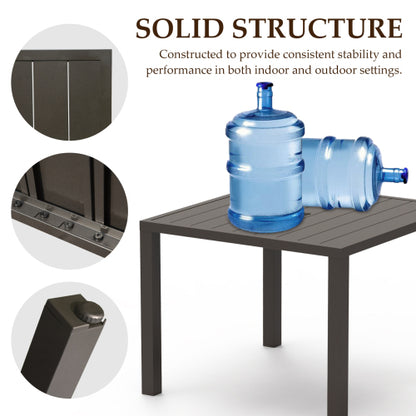 Outdoor Dining Table for 4 Person,Square Slatted Metal Patio Table for Deck Garden Lawn Backyard Use with Umbrella Hole, Brown