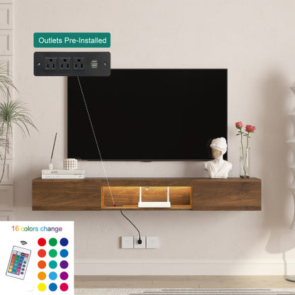 Black Floating 63 inch TV Stand with 16 Color LED Lights and Storage