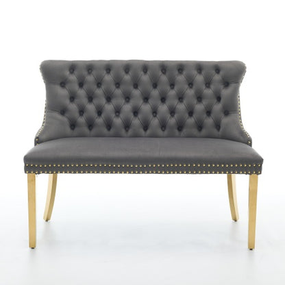 Velvet Double Dining Loveseat Bench, Kitchen & Dining Seating, 2-Seat Tufted Bench w/Handmade Buttons, Wing Back, Gold-Plated Steel Legs, Mid Century Modern,Single Pack,Gray,