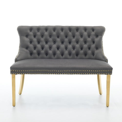 Velvet Double Dining Loveseat Bench, Kitchen & Dining Seating, 2-Seat Tufted Bench w/Handmade Buttons, Wing Back, Gold-Plated Steel Legs, Mid Century Modern,Single Pack,Gray,