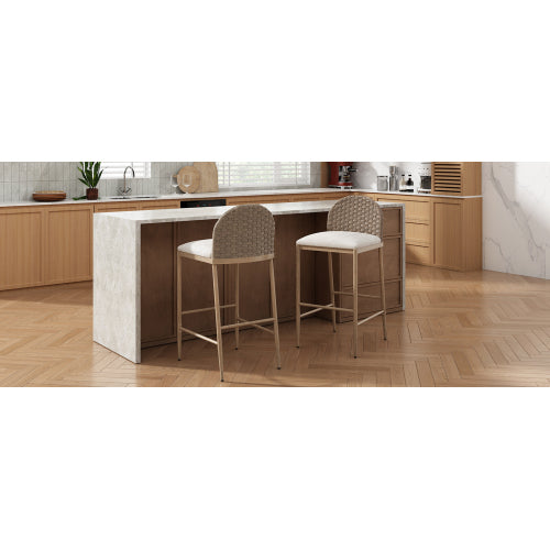 29.5inch Farmhouse Barstools Set of 2,Upholstered  Armless Iron Counter Stools with rattan Backrest for Kitchen Dining Island Table,Brown+Beige