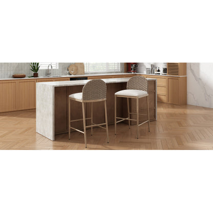 29.5inch Farmhouse Barstools Set of 2,Upholstered  Armless Iron Counter Stools with rattan Backrest for Kitchen Dining Island Table,Brown+Beige