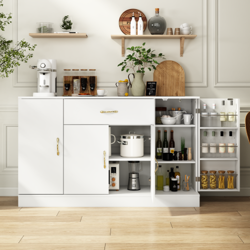 Sideboard Buffet Cabinet with Storage, Large Kitchen Storage Cabinet with 1 Drawer and 4 Doors, Modern Coffee Bar for Kitchen Dining Room, White