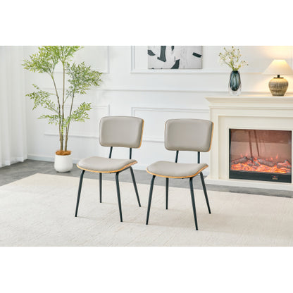 Mid-Century Faux Leather Dining Chairs Set of 2, Walnut Veneer Backrest & Metal Legs, Light Gray
