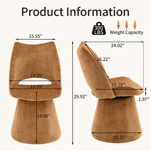 Single Brown Chenille 360° Swivel Hollow Back Accent Chair, Heavy-Duty Metal Base Ergonomic Vanity Chair