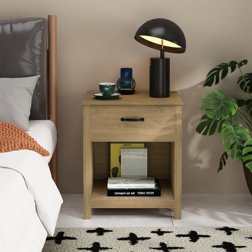 Wood Nightstand with Drawer and Open Shelf, Modern Bedside Table with Storage, Wooden End Table for Bedroom, Living Room or Apartment, Natural Finish, Brown