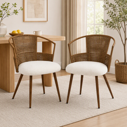 PE Rattan Dining Armchairs with Teddy Seats, Set of 2, Beige/Brown