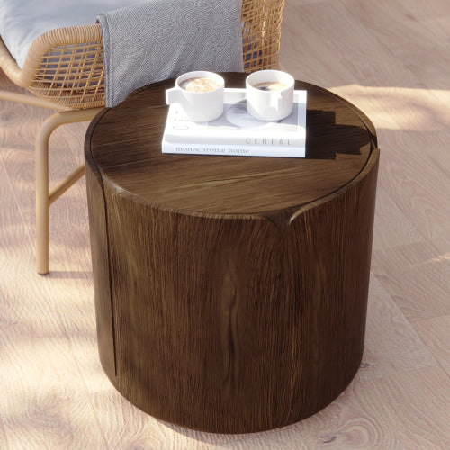 19.29"H Round Outdoor Indoor Side Table, Modern Wood Grain Patio Garden Stool, Sturdy MGO (Magnesium Oxide) Waterproof, No-Assembly Table for Patio, Garden, Backyard, Living Room (Brown)