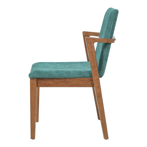Set of 2 Mid-Century Green Fabric Arm Dining Chairs, Walnut Rubber Wood Frame 250lbs Capacity