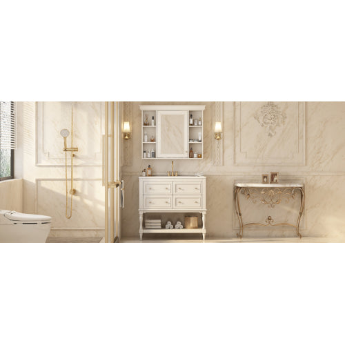 36'' Bathroom Vanity with Medicine Cabinet, Modern Mirror Cabinet with Adjustable Shelf, Bathroom Storage Cabinet with 4 Drawers, Solid Wood Frame Bathroom Storage Cabinet