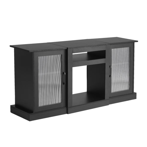 65 Inch Black Minimalist TV Stand with APP Remote LED Light Strips & Tempered Glass Doors
