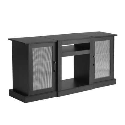 65 Inch Black Minimalist TV Stand with APP Remote LED Light Strips & Tempered Glass Doors