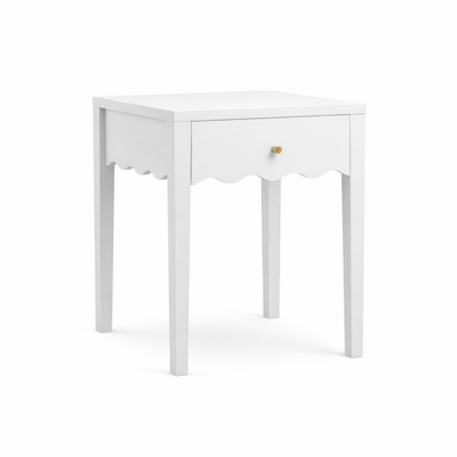 White Nightstand with Drawer, Modern Bedside Table with Wavy Apron Design, Compact End Table for Bedroom Living Room, Small Side Table with Storage