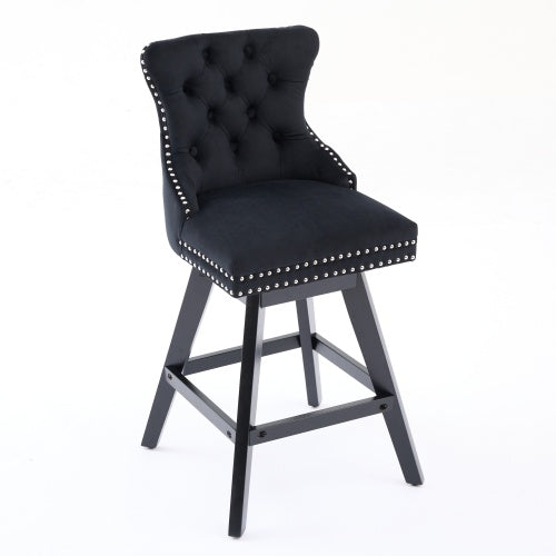 Swivel Velvet Barstools with Button Tufted Decoration and Wooden Legs, and Chrome Nailhead Trim, Leisure Style Bar Chairs,Bar stools, Set of 2 (Black)