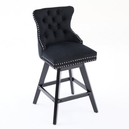 Swivel Velvet Barstools with Button Tufted Decoration and Wooden Legs, and Chrome Nailhead Trim, Leisure Style Bar Chairs,Bar stools, Set of 2 (Black)