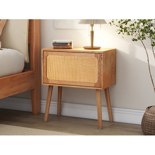 Rotating Hidden Compartment Nightstands, Mid Century Modern Concealment Furniture, Rattan Bed Side Table, Compartment End Table with Wood Legs, Bedside Tables for Bedroom, Living Room, Dorm, Natural