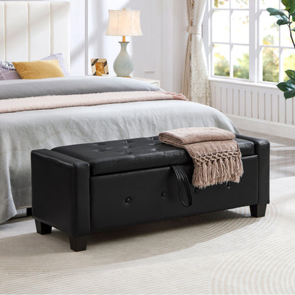 Black Tufted PU Faux Leather 48 inch Storage Ottoman Bench, Hallway Bedroom Storage Seat