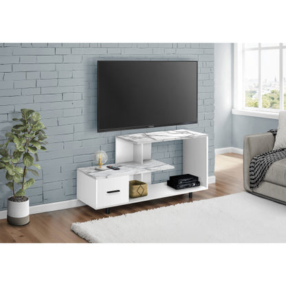 47.25 Inch Faux White Marble Art-Deco TV Console with Single Storage Drawer