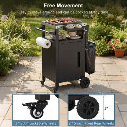 33.9 inch Outdoor Grill Cart with Drop Leaf, Outdoor Metal Bar Cart Pizza Oven Table with Wheels, Stainless Steel Top, Outdoor Kitchen Island with Storage Cabinet & Spice & Paper Rack for BBQ, Waterpr