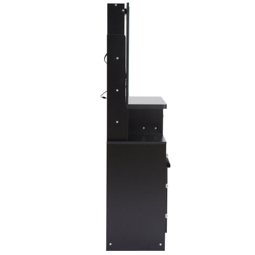 29.2" Small Size Left Bedside Cabinet Vanity Table + Cushioned Stool, 2 AC+2 USB Power Station, Hair dryer bracket, Extra Large Touch Control Sliding LED Mirror, Tri-color Switching, Brightness Adjust