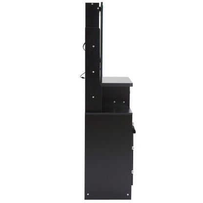 29.2" Small Size Left Bedside Cabinet Vanity Table + Cushioned Stool, 2 AC+2 USB Power Station, Hair dryer bracket, Extra Large Touch Control Sliding LED Mirror, Tri-color Switching, Brightness Adjust