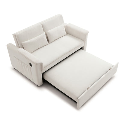 Beige 55 inch  Velvet 3-in-1 Pull-Out Loveseat Sofa-Bed,USB & Side Pockets