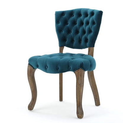 Tufted Velvet-Look Dining Chairs with Carved Wood Legs, Set of 2, Teal