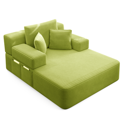 Green Oversized Plush Corduroy Chaise Lounge Convertible Sleeper Sofa-Bed w/Storage Pockets & 3 Pillows
