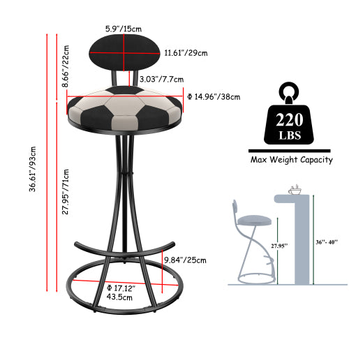 Upholstered S-shaped Barstools Set of 2 Velvet Counter Bar Stools Football Print Round Dining Stool for Kitchen & Living Room (Black Frame & Black Back)