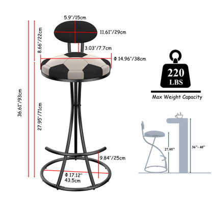 Upholstered S-shaped Barstools Set of 2 Velvet Counter Bar Stools Football Print Round Dining Stool for Kitchen & Living Room (Black Frame & Black Back)