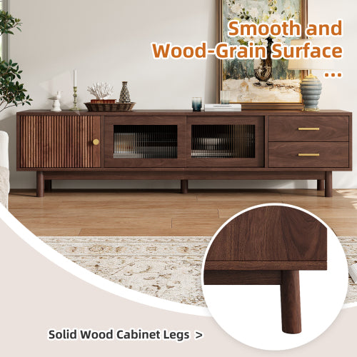 70.86 inch Dark Brown Mid Century Wave Glass Sliding Door TV Stand Pine Leg Console For 80 inch TV