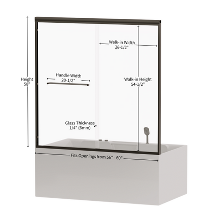 56"-60" W x 58" H Double Sliding Bathtub Shower Door, Semi-Frameless Bypass Tub Door, 1/4" (6mm) Tempered Glass with Explosion-Proof Film, Adjustable Aluminum Alloy Frame, Matte Black 24D03-T60MBX
