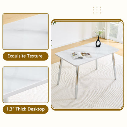 5-Piece Marble Glass Dining Set, Double-Layer Table & 4 White PU Shell Pattern Chairs