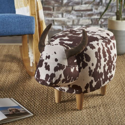 Brown & White Cow Shaped Animal Ottoman, Fabric Accent Footstool with Velvet Horns and Birch Wood Legs for Home Decor