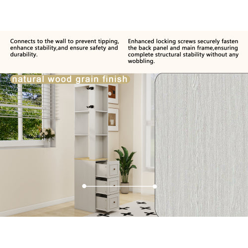73 Inch Tall Slim Antique White Storage Cabinet 3 Drawers & Side Hooks Home Display Bookcase