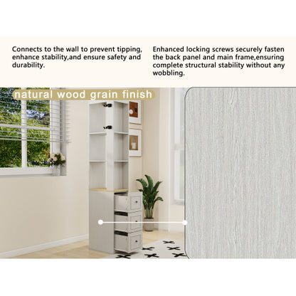 73 Inch Tall Slim Antique White Storage Cabinet 3 Drawers & Side Hooks Home Display Bookcase
