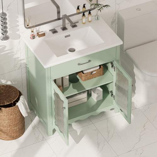 31" Bathroom Vanity with Tempered Glass, Modern Bathroom Cabinet with Rubber Wood legs and Soft close Doors, Green