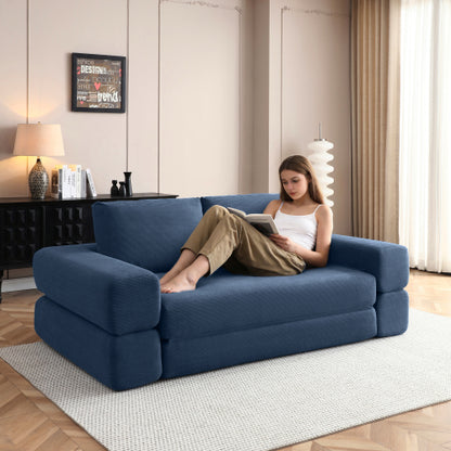 81 inch  Blue Corduroy 3-in-1 Boneless Convertible Floor Sofa-Bed with Pillows